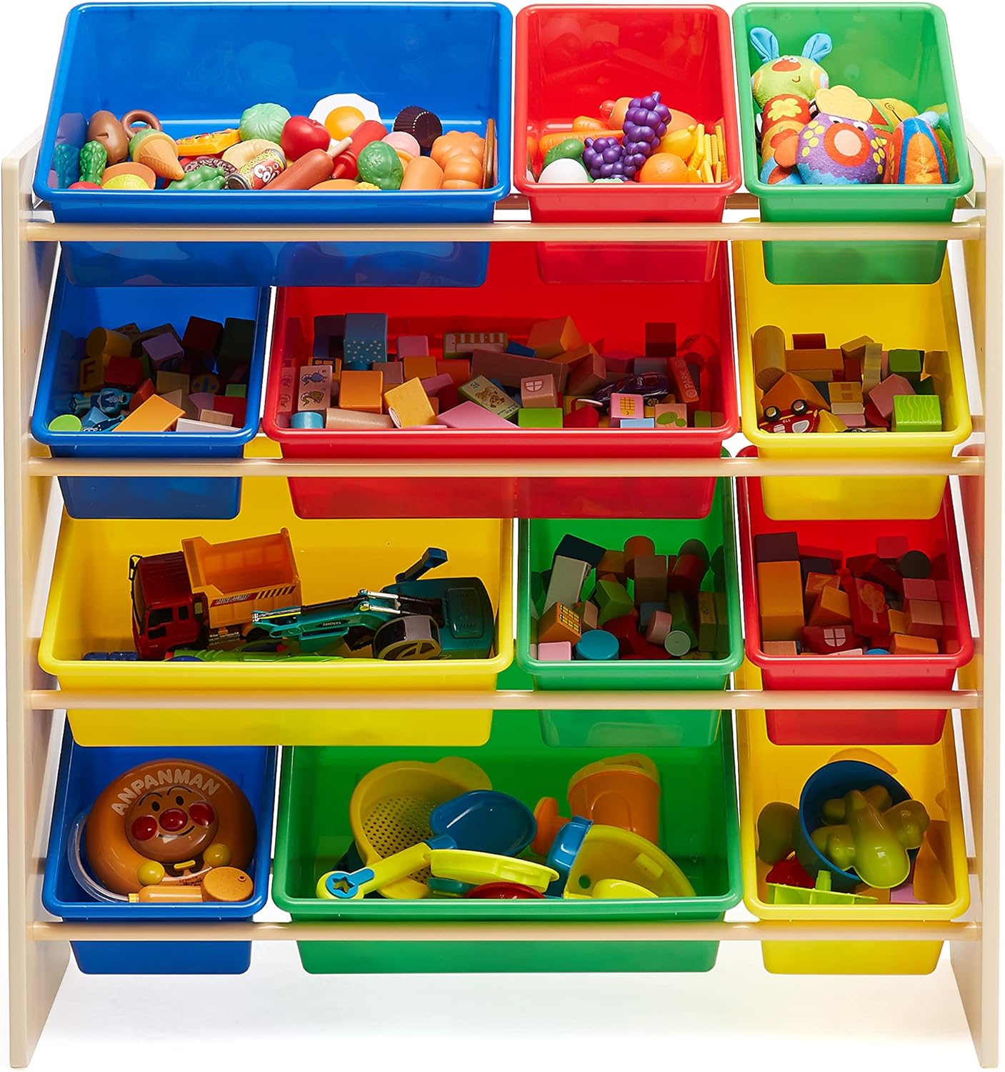 Amazon Basics Kids Toy Storage Organizer With 12 Plastic Bins, Natural Wood With Bright Bins, 10.9"