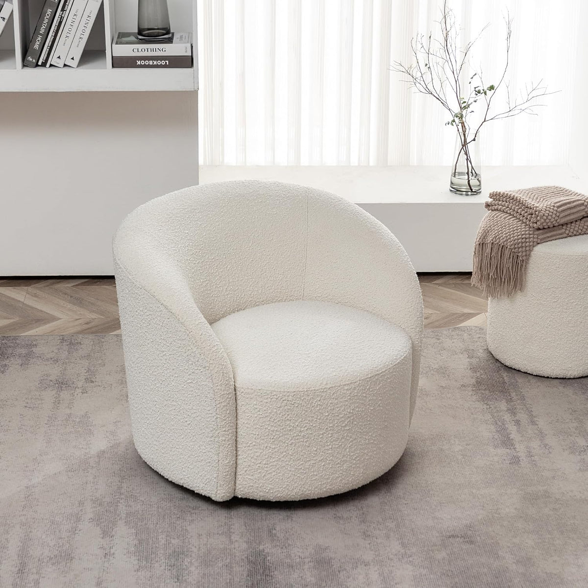 KINWELL 34" W Mid Century Modern Swivel Barrel Chair, Round Upholstered Boucle Swivel Accent