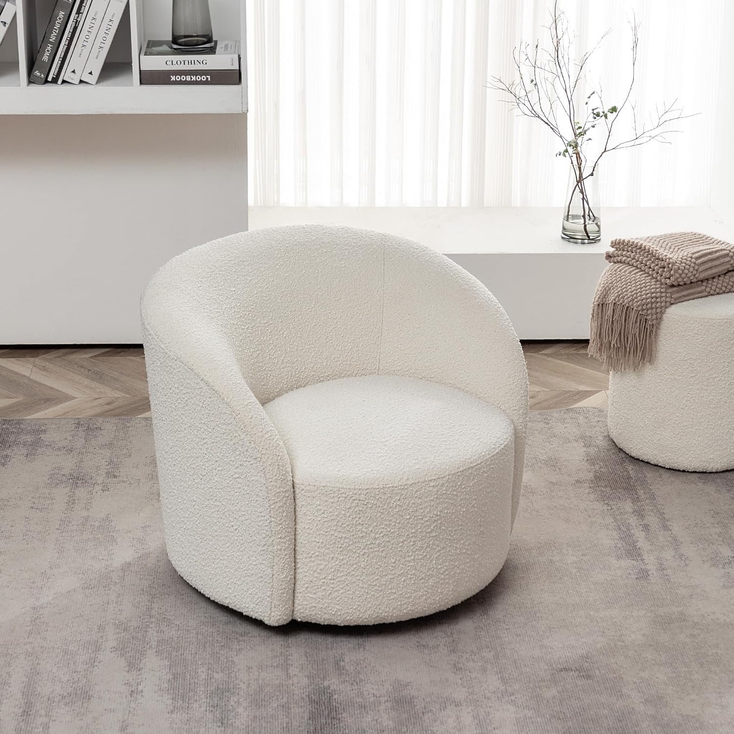 KINWELL 34" W Mid Century Modern Swivel Barrel Chair, Round Upholstered Boucle Swivel Accent