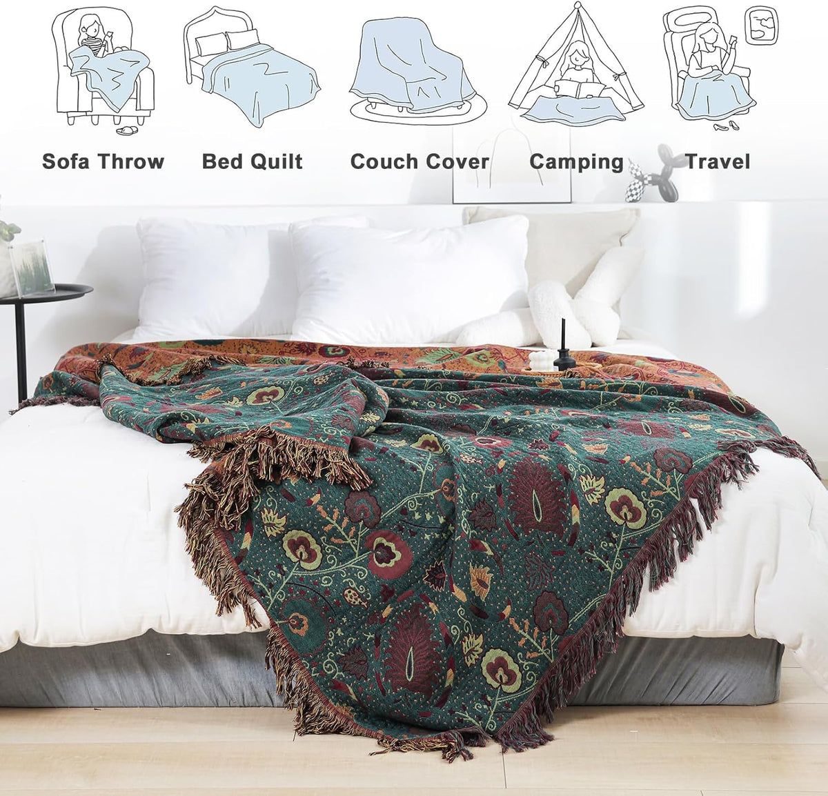 MSGKV Boho Throw Blanket for Couch and Sofa Cotton Blankets for Living Room Bedroom Reversable