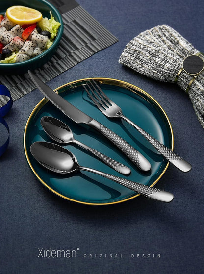 16-Piece Modern Black Hammered Silverware Set with Ultra Sharp 2-IN-1 Serrated Knives, 18/10