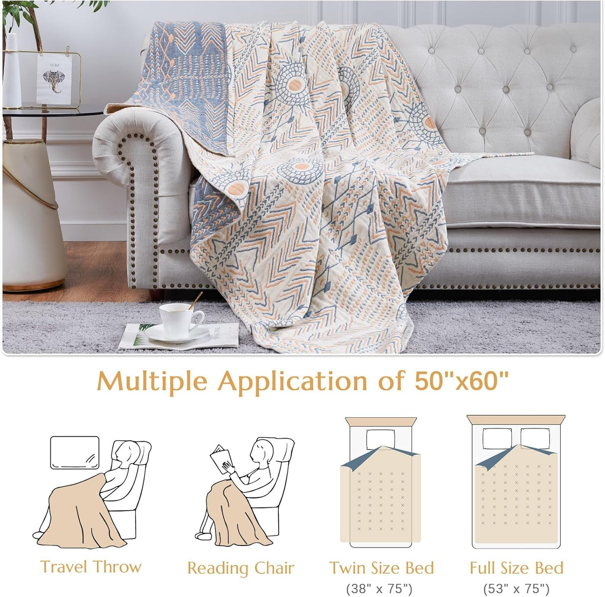jinchan Boho 100% Cotton Muslin 50x60 Throw Blanket Lightweight 4-Layer Orange Multi Reversible