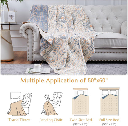 jinchan Boho 100% Cotton Muslin 50x60 Throw Blanket Lightweight 4-Layer Orange Multi Reversible