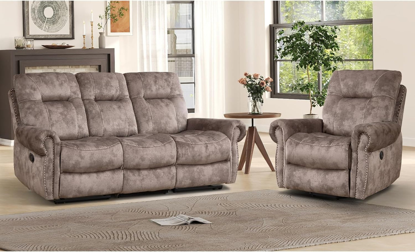EBELLO 2 Pieces Reclining Couch Furniture Set for Living Room, 1 Seat Power Recliner and a 3 Seater