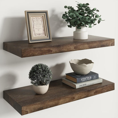 RICHFOCUS Elm Floating Shelves for Wall - 24" W x 9.3" D Rustic Solid Wood Shelves with Invisible