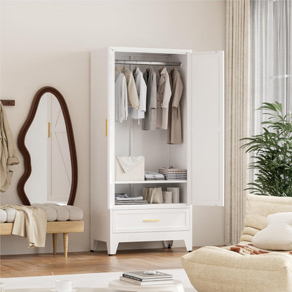 71'' Farmhouse Metal Wardrobe Cabinet with Hanging Rod, 2 Barn Door Wardrobe Closet with Adjustable