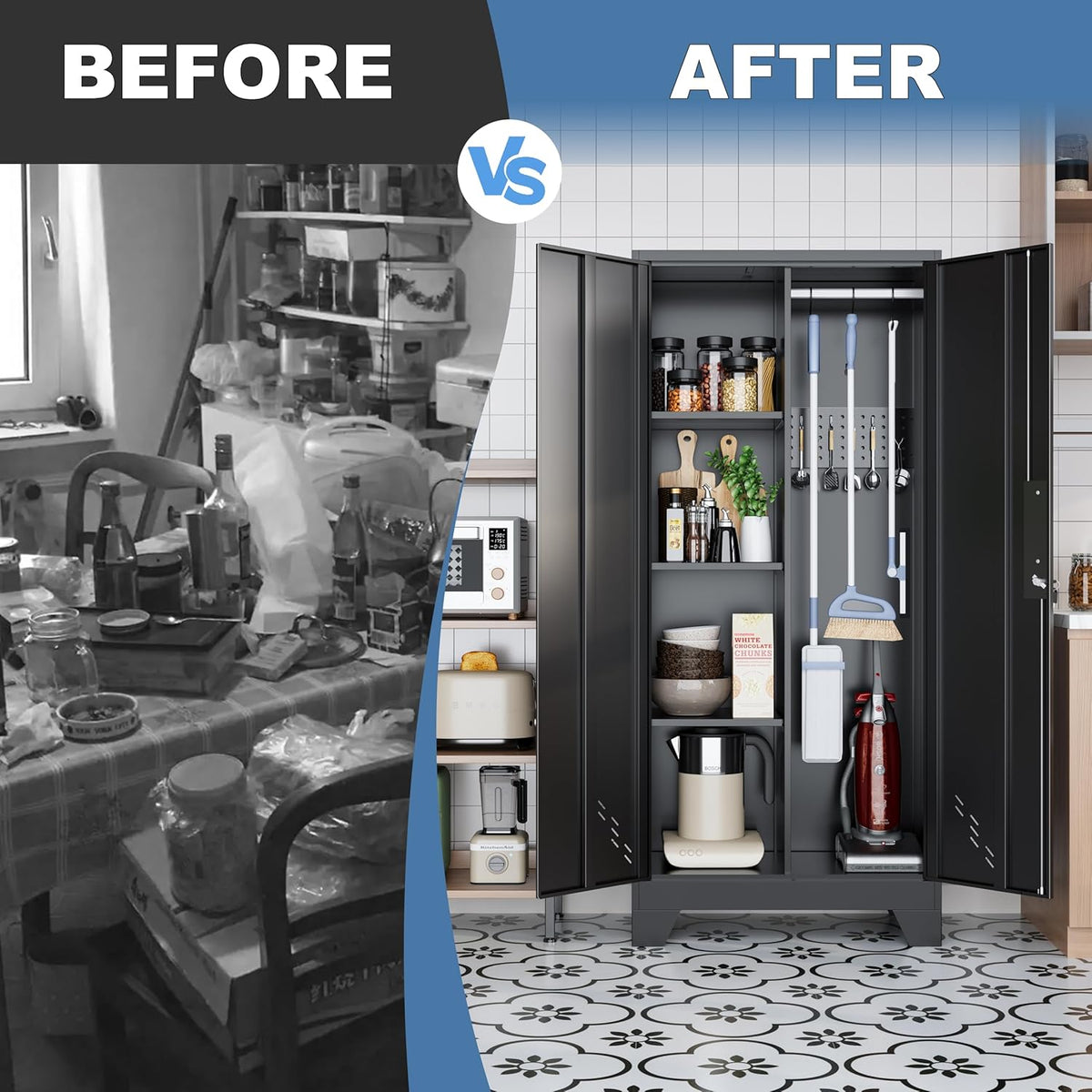 61" Broom Closet Storage Cabinet, Metal Storage Cabinet with Doors, Utility Cabinets for Brooms and