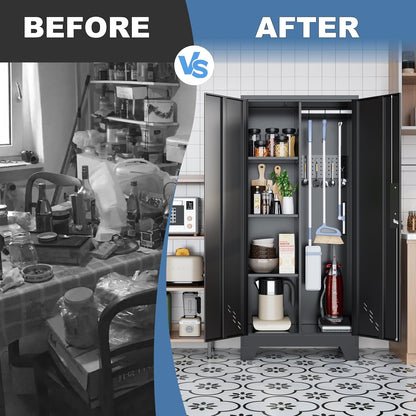 61" Broom Closet Storage Cabinet, Metal Storage Cabinet with Doors, Utility Cabinets for Brooms and