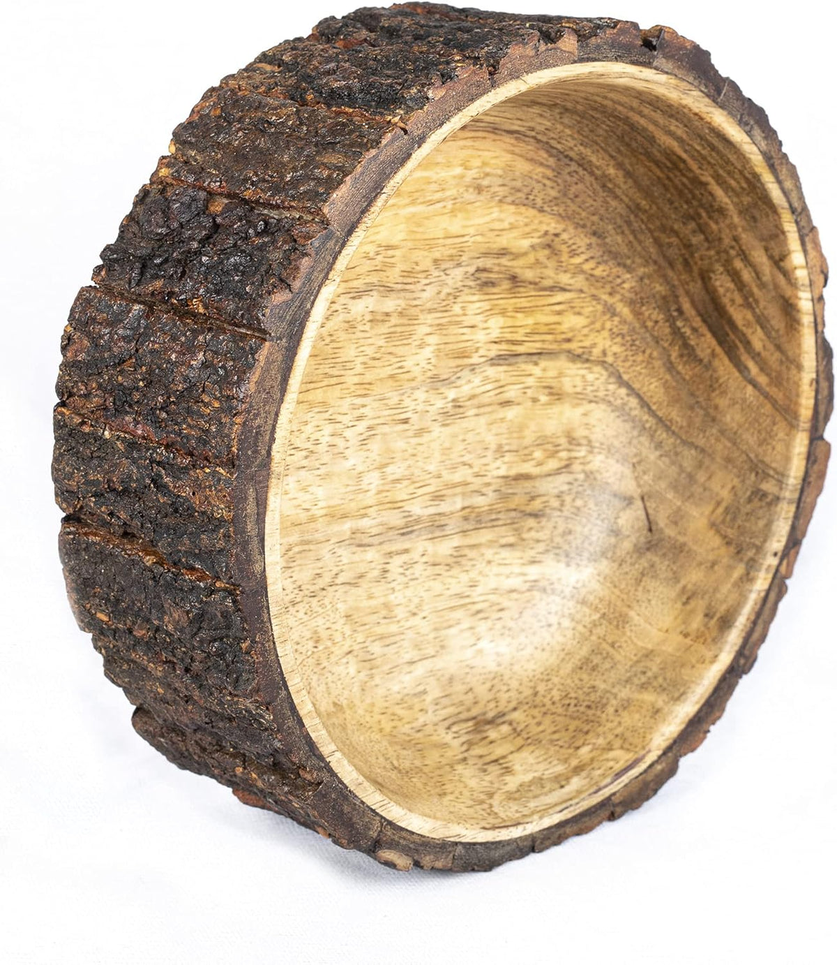 GoCraft Mango Wood Decorative Bowl with Tree Bark – 7.5" x 2.75" – Rustic Handmade Wooden Bowl for