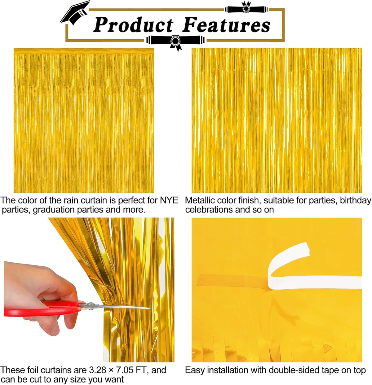 8 Pack 2025 Graduation Party Decorations, 3.28 FT x 7.05 FT Gold Backdrop, Metallic Graduation
