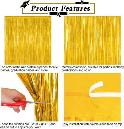 8 Pack 2025 Graduation Party Decorations, 3.28 FT x 7.05 FT Gold Backdrop, Metallic Graduation