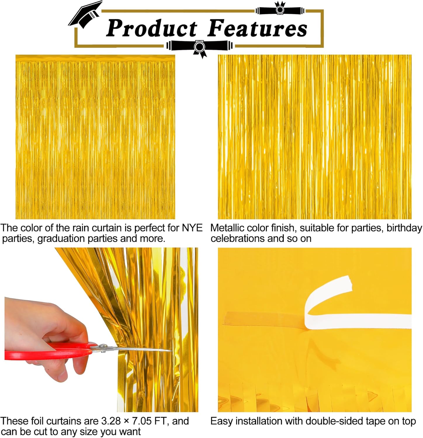 12 Pack 2025 Graduation Decorations, 3.28 FT x 7.05 FT Gold Backdrop Curtains, Metallic Class of