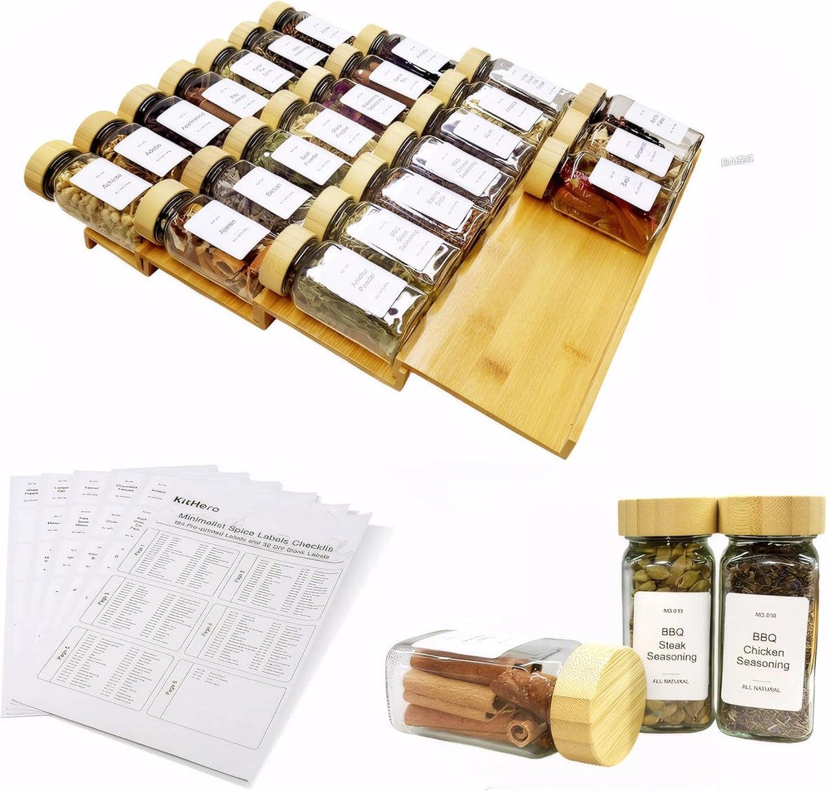 Spice Drawer Organizer with 24 Bamboo-lidded Spice Jars and 216 Labels,Non-slip Rubber, Bamboo 4