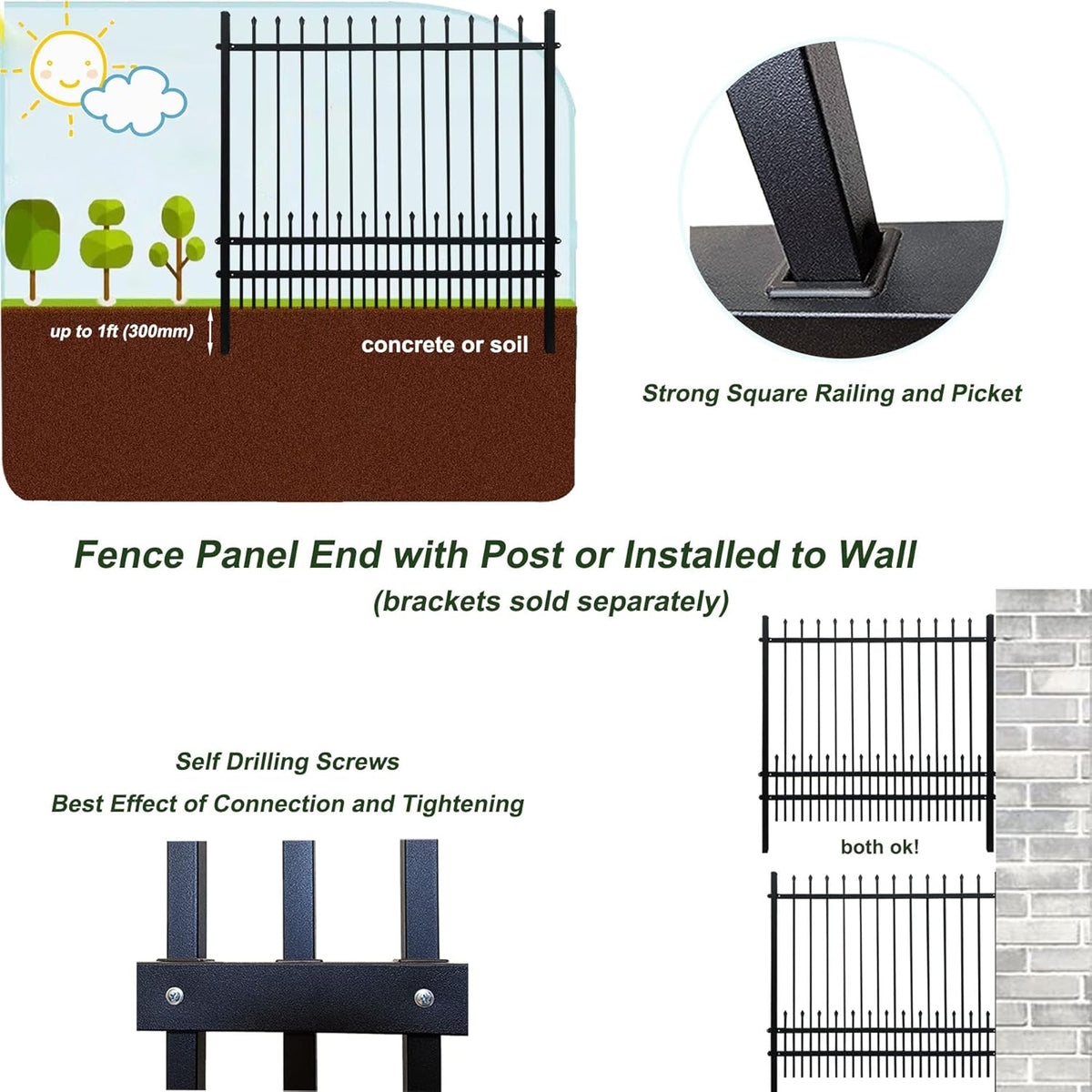 Metal Fence Panels with Dog Pickets, 6ft H x 6.5ft W Galvanized Steel Fence DIY Installation for