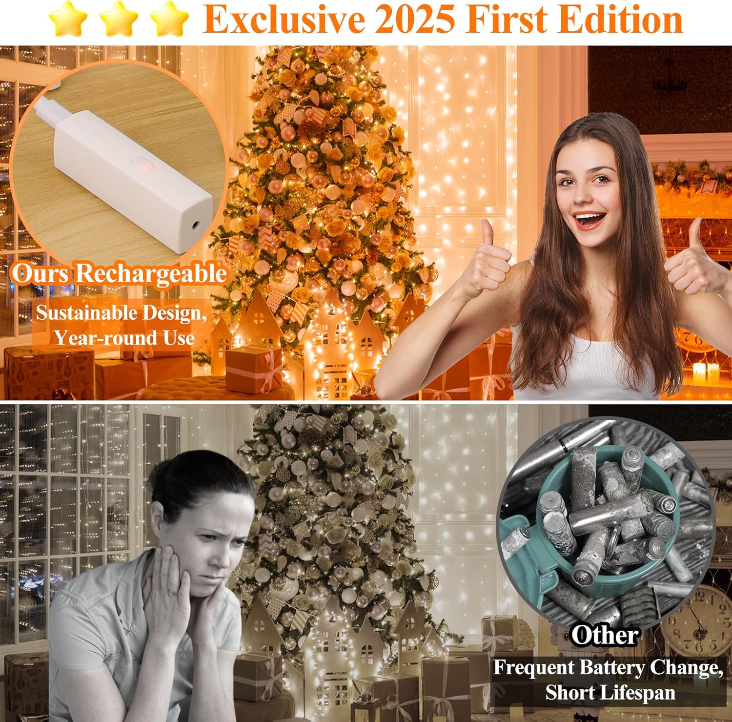 Lakumu Mini Fairy Lights Battery Operated, Twinkle Lights with Timer, Rechargeable LED String