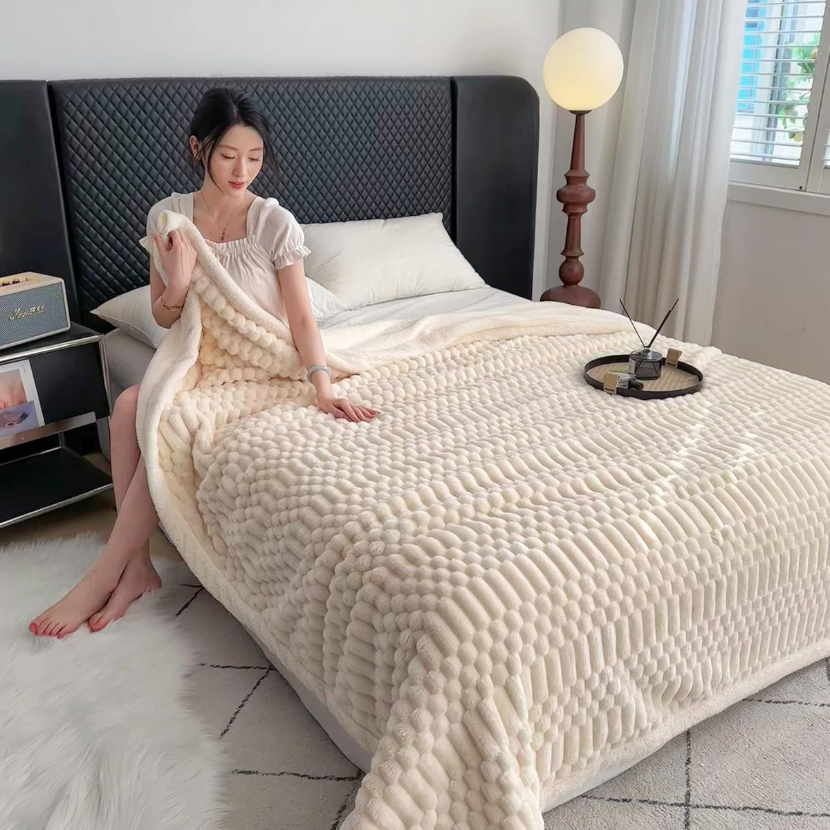 UKELER Off White Sherpa Throw Blankets 60 × 80 inch, 470 GSM Striped Sherpa Fleece Blanket for All