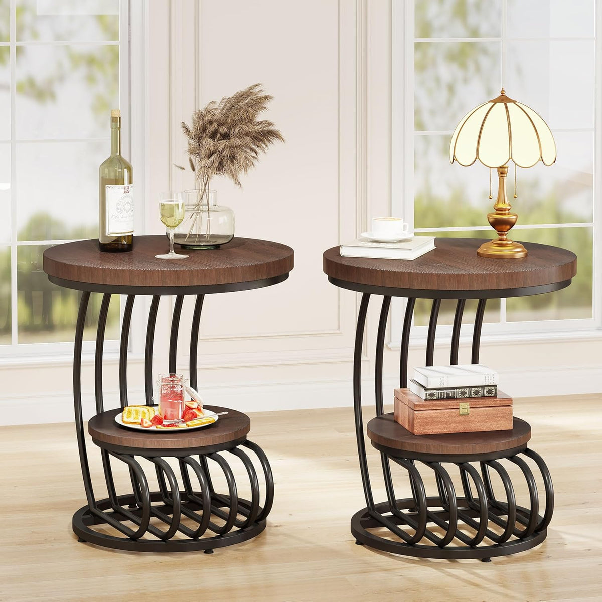 Tribesigns Round End Side Table: 2 Tiers Side Table Set of 2, Vintage End Table for Living Room