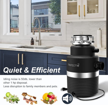 Trifecte Series 1 HP Continuous Feed Garbage Disposal with Sound Reduction, Power Cord, Stainless