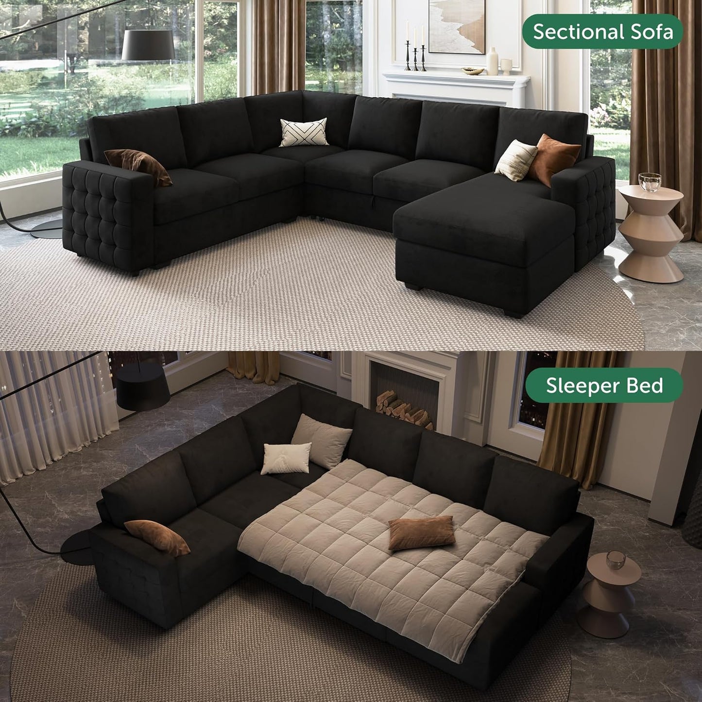 HONBAY Sectional Sleeper Sofa with Pull Out Bed U-Shape Sectional Couch with Storage Chaise 6