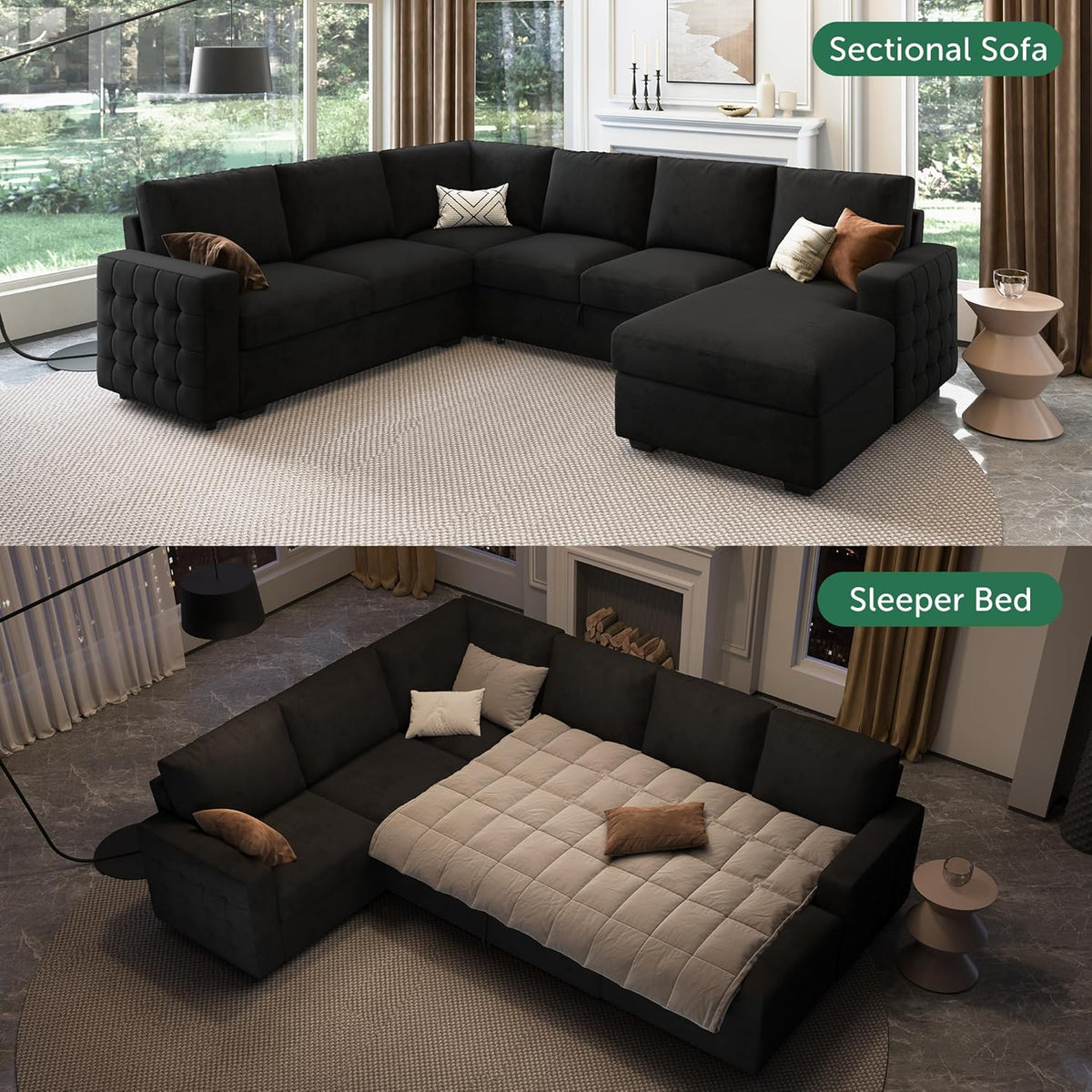 HONBAY Sectional Sleeper Sofa with Pull Out Bed U-Shape Sectional Couch with Storage Chaise 6