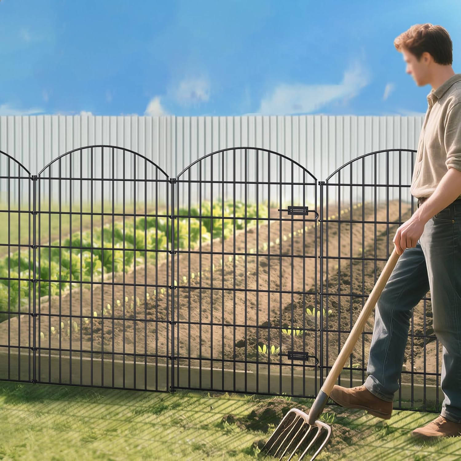 Metal Garden Fence with Gate 48in (H) x 12.7ft (L), 1 Gate+ 4 Panels Dog Fence Border Fences Animal