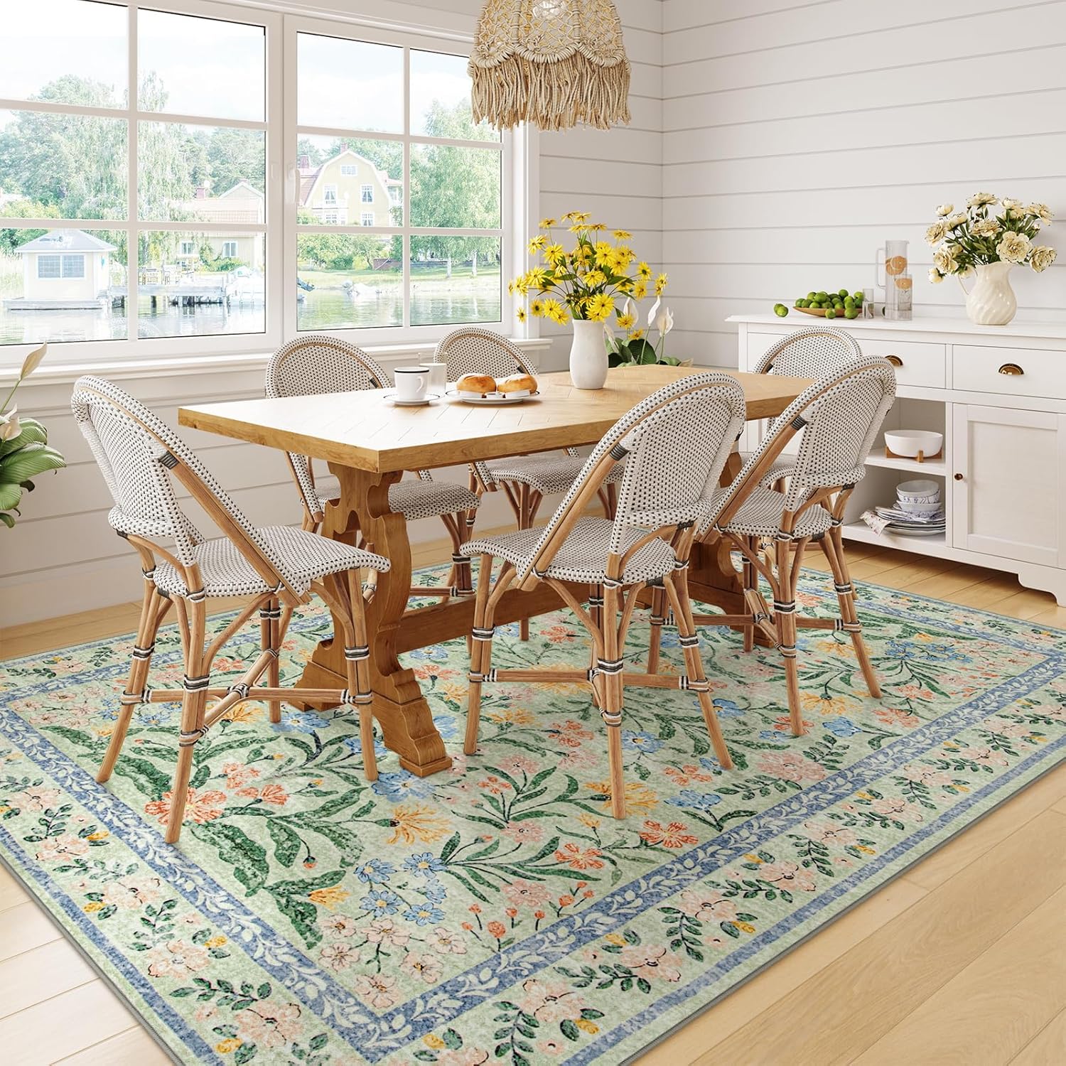 Wonnitar Washable Floral 6x9 Rug, Soft Green Area Rug Boho Non Slip Dining Room Carpet