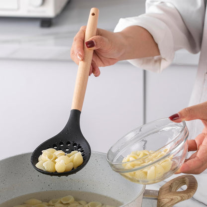Country Kitchen Non Stick Silicone Utensil Set with Rounded Wood Handles for Cooking and Baking, 14
