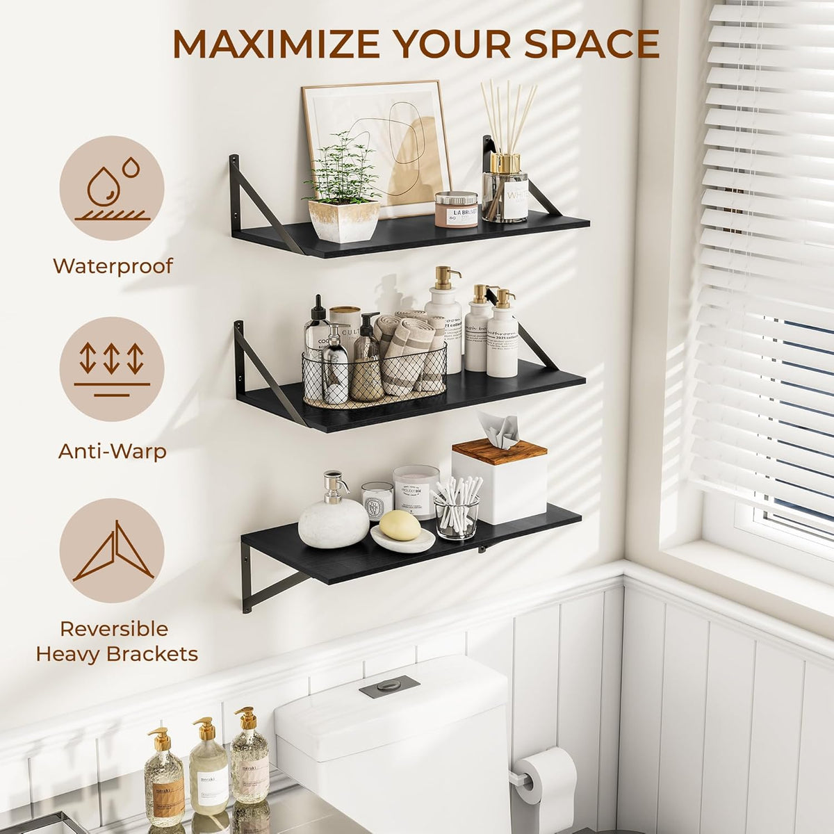 Heimlove 24" W x 12" D Wall Shelves for Books, 12 Inch Deep Floating Shelves Set of 3, Wide