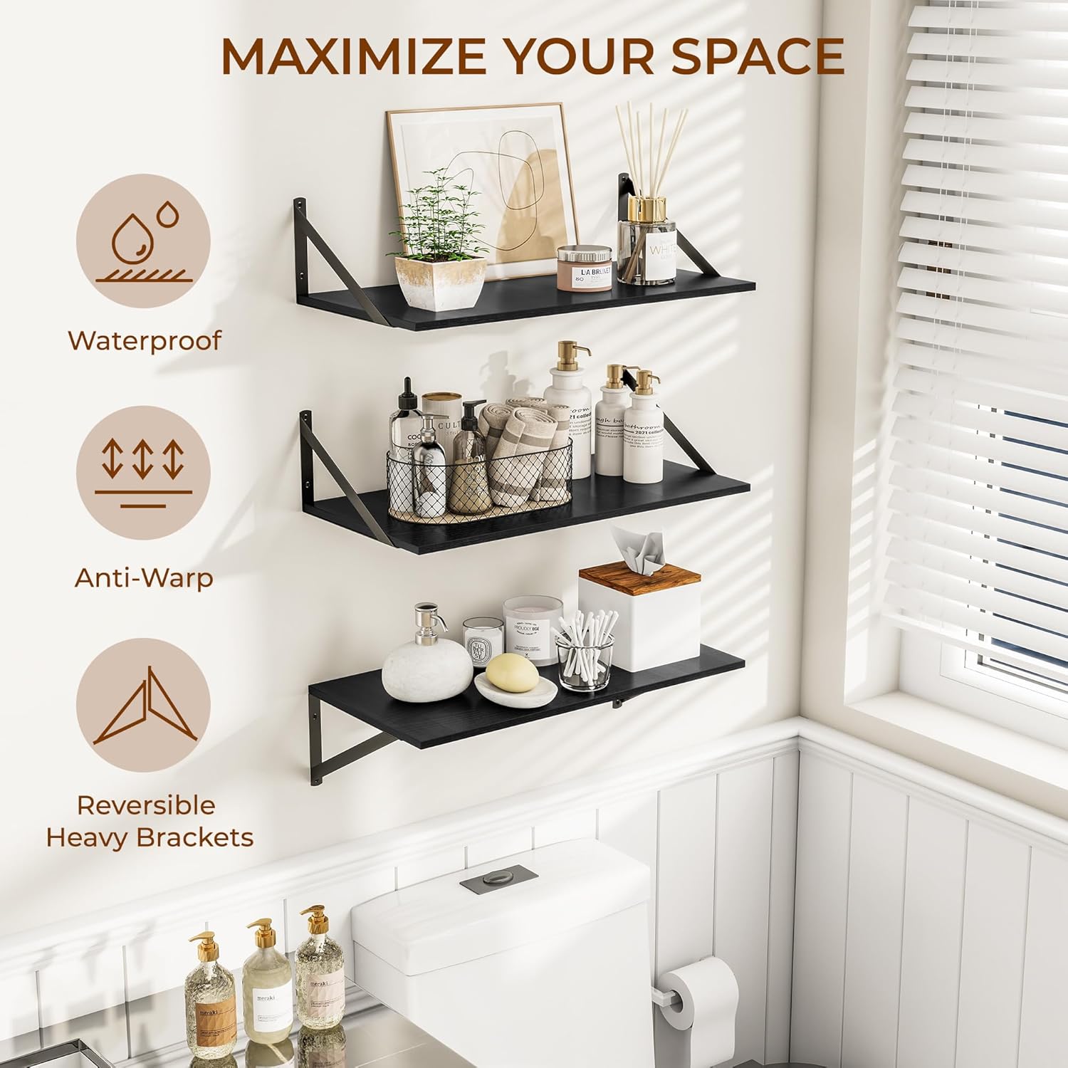 Heimlove 24" W x 12" D Wall Shelves for Books, 12 Inch Deep Floating Shelves Set of 3, Wide