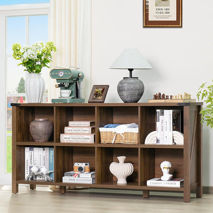 8 Cube Book Shelf, Farmhouse Wood Long Storage Organizer Bookcase, 62" Horizontal Brown Walnut