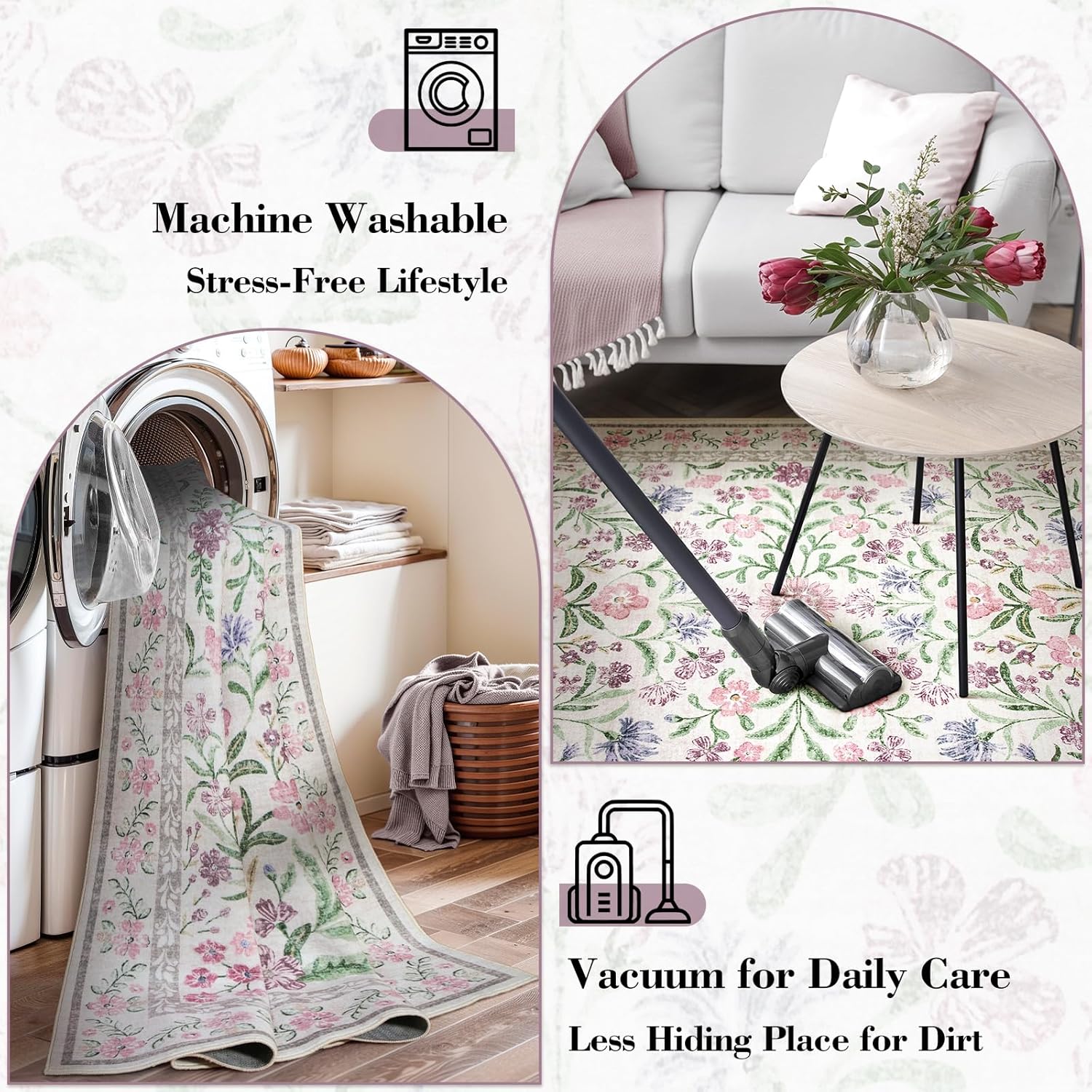 Wonnitar Purple Floral 8x10 Area Rugs, Washable Rug for Living Room, Soft Ultra-Thin Non-Shedding