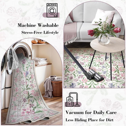 Wonnitar Purple Floral 8x10 Area Rugs, Washable Rug for Living Room, Soft Ultra-Thin Non-Shedding