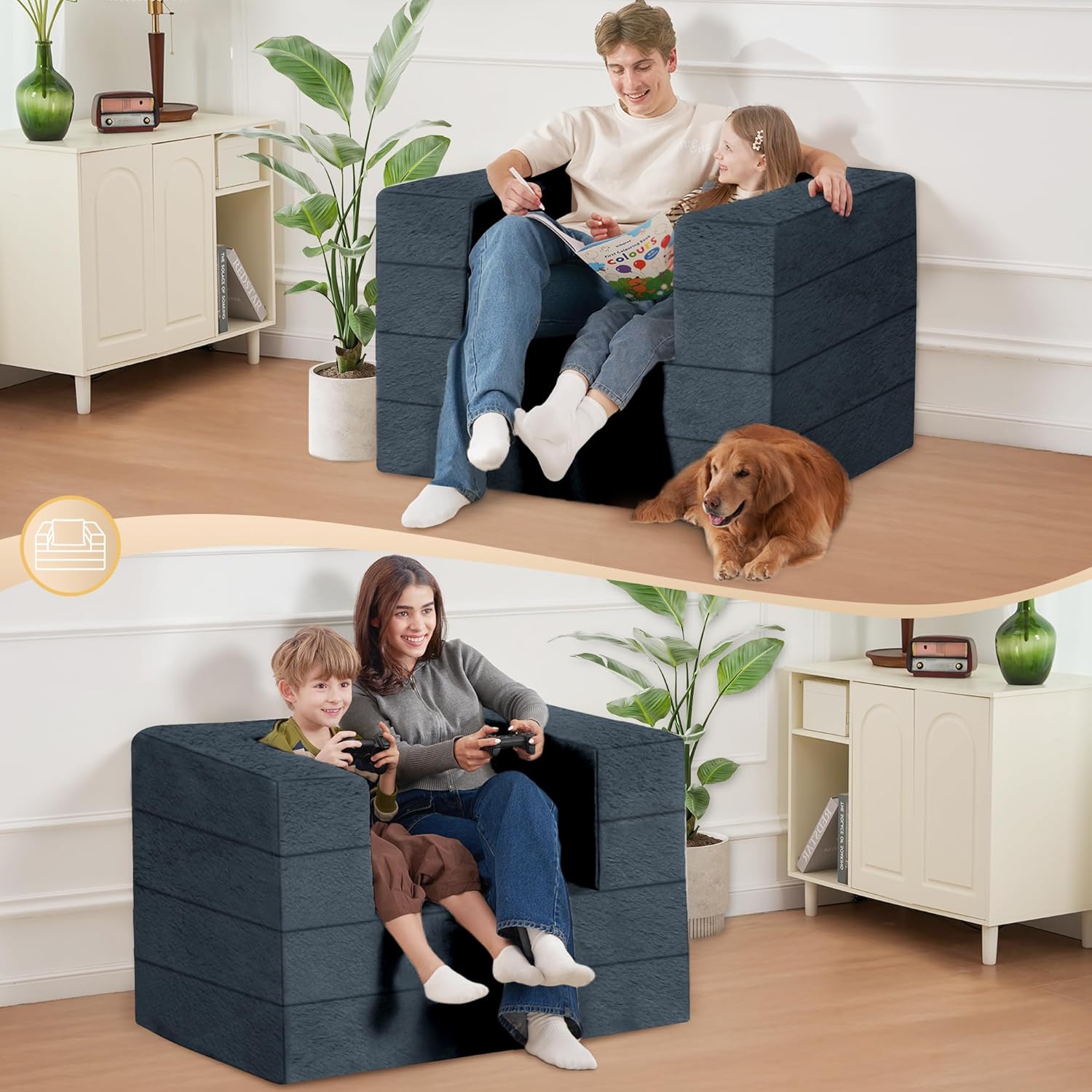 Folding Bean Bag Chair for Adults,3-in-1 Bean Bag Couch Faux Fur Floor Sofa Large Beanbag