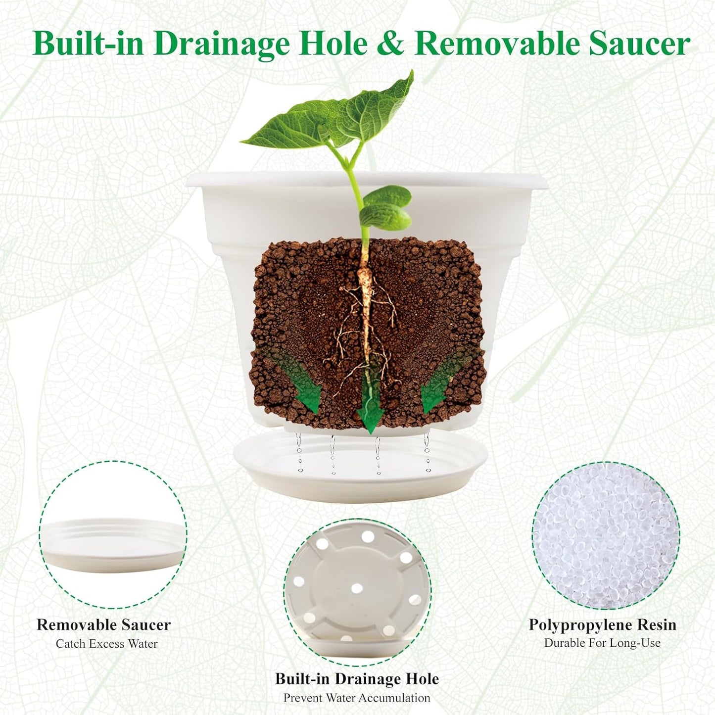 13 Inch Plastic-Flower-Pot-for-Indoor-Plants, 4 Pack Large Outdoor Planter Pot with Drainage Holes