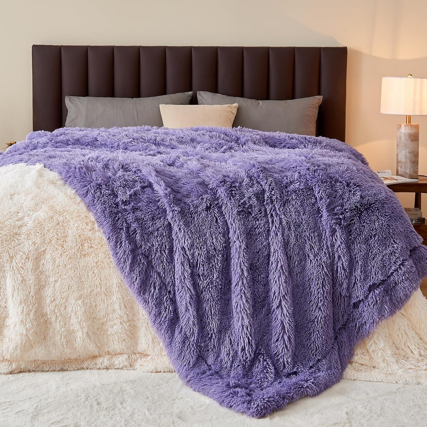 GONAAP Fuzzy Faux Fur Throw Blanket Twin Size Lavender Super Soft Cozy Plush Fuzzy Shaggy Blanket