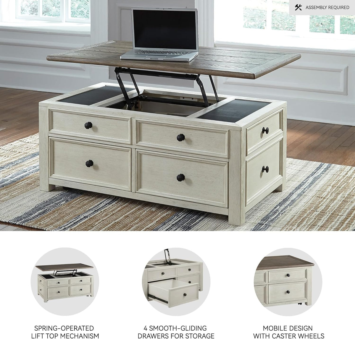 Signature Design by Ashley Bolanburg Farmhouse Lift Top Coffee Table with Drawers, Antique Cream &