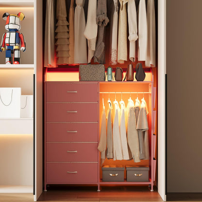 LUMTOK 2-in-1 Dresser with Hanging Racks,5 Fabric Drawers Dressers with LED Lights, Charging