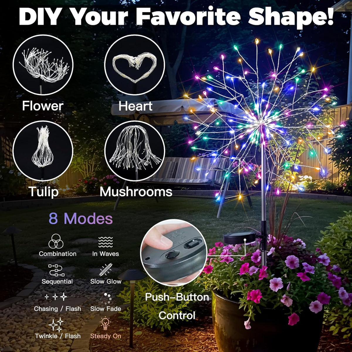 suddus Solar Garden Lights Outdoor Waterproof, Upgrade 2 Pack 150LED Solar Firework Lights, 8 Modes