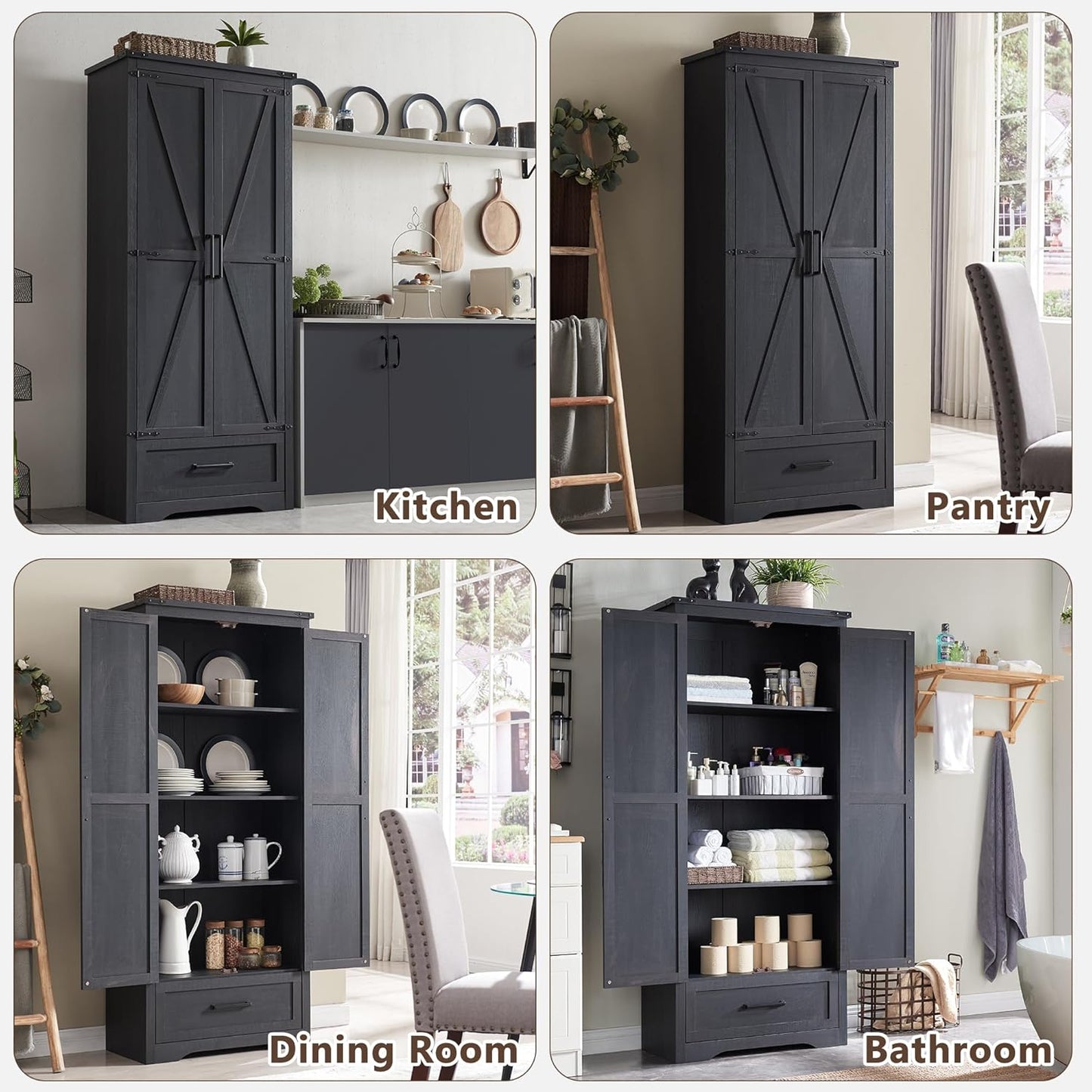 72" Tall Wood Storage Cabinet, Farmhouse Kitchen Pantry Cabinet with Adjustable Shelves & Drawer &