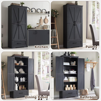 72" Tall Wood Storage Cabinet, Farmhouse Kitchen Pantry Cabinet with Adjustable Shelves & Drawer &