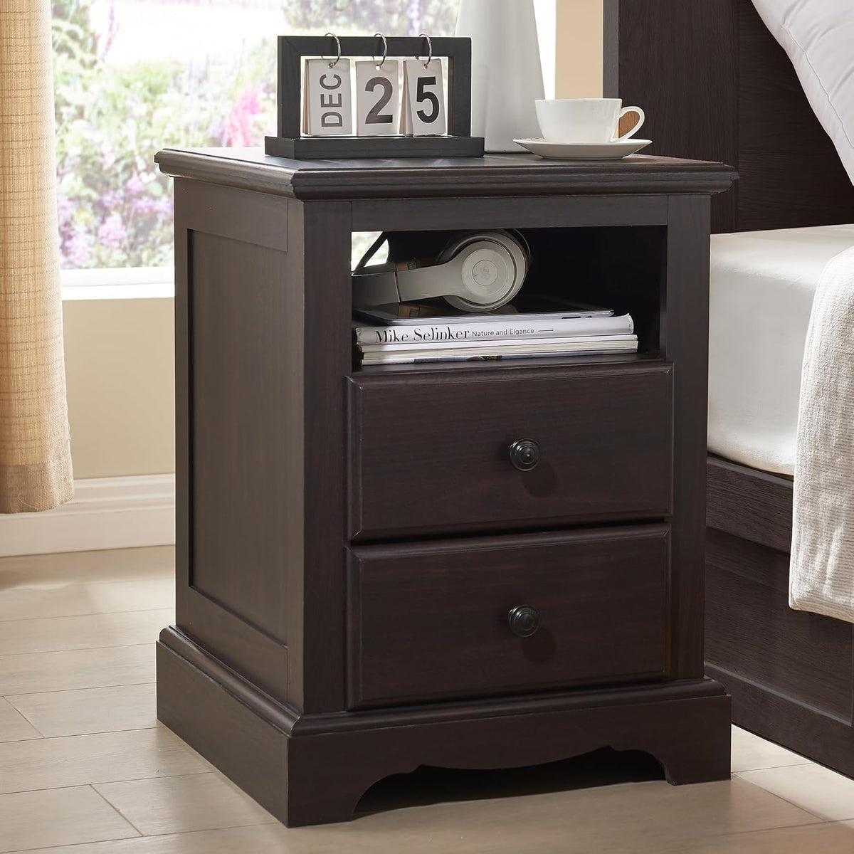 T4TREAM Nightstand with Charging Station, 18 Inch Vintage End Table with 2 Drawers for Living Room