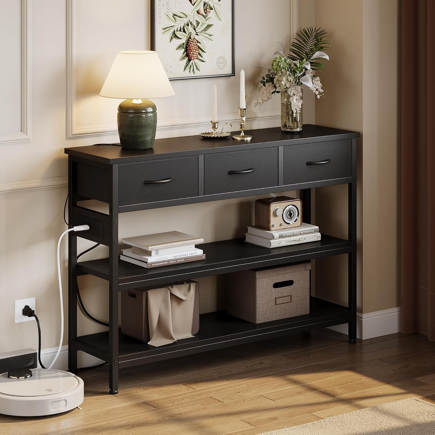Lulive Entryway Table with Power Outlets, Console Table with 3 Fabric Drawers, Sofa Table for