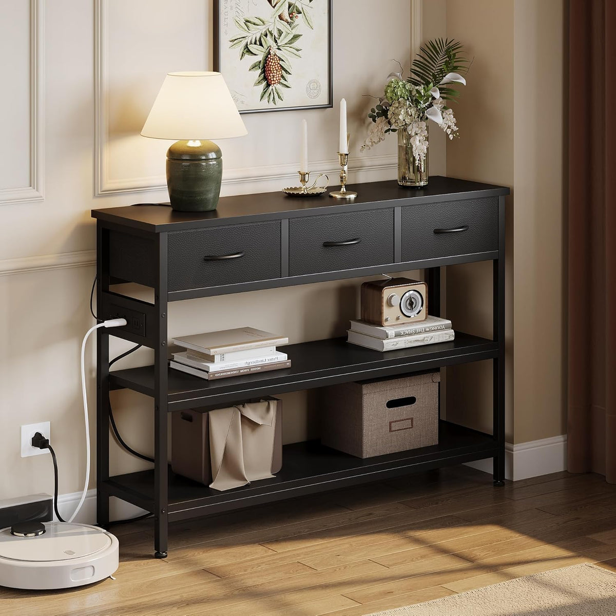 Lulive Entryway Table with Power Outlets, Console Table with 3 Fabric Drawers, Sofa Table for