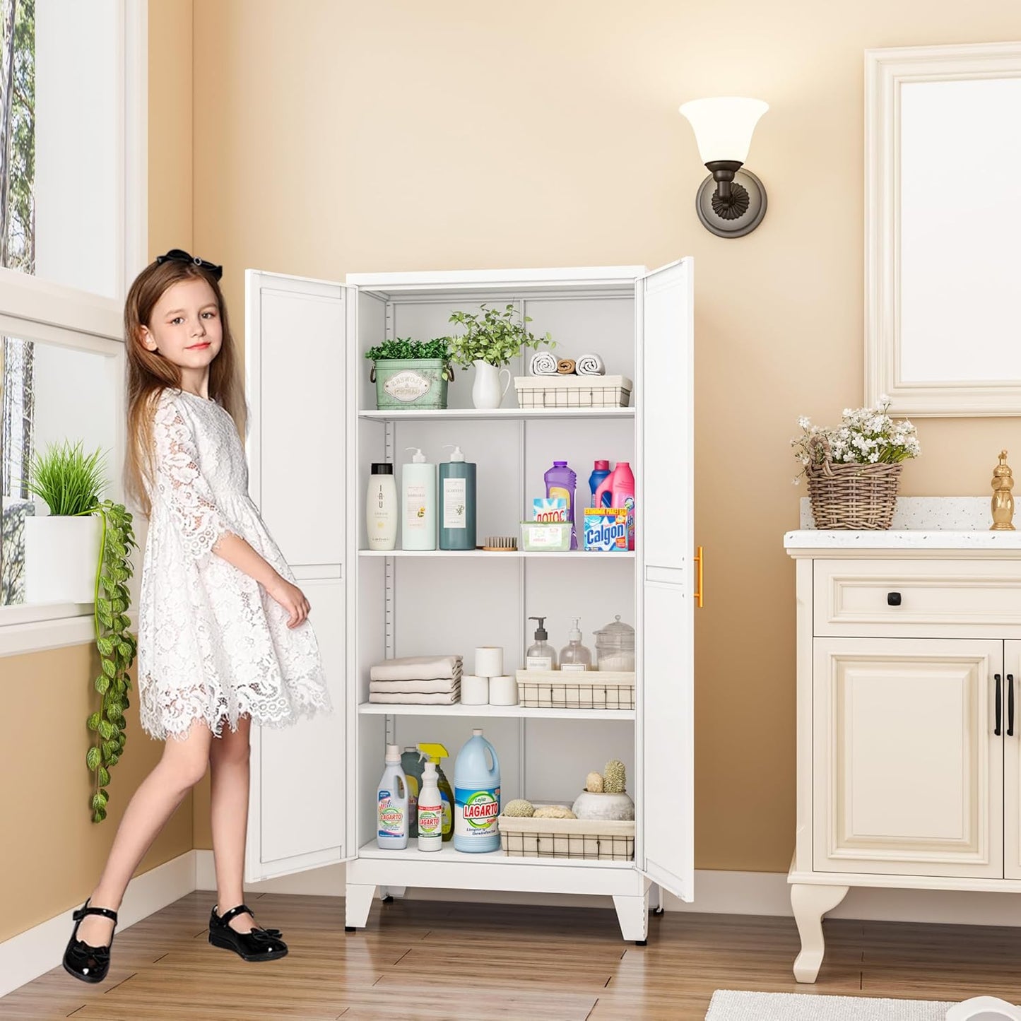 Metal Pantry Cabinet, Kitchen Pantry Storage Cabinets with 2 Door and 3 Adjustable Shelves, White