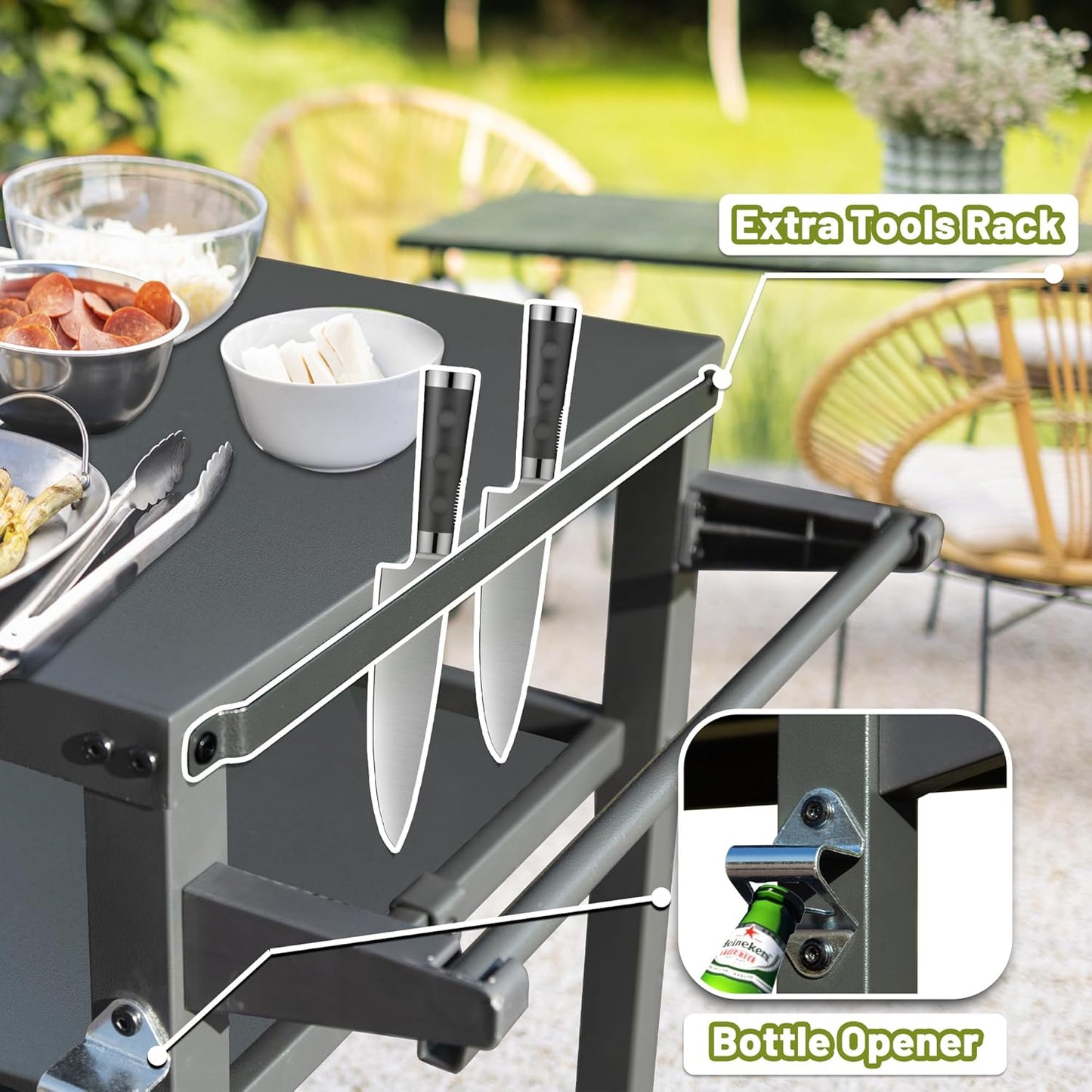 Domi 3-Shelf Outdoor Grill Table, Grill Cart with Wheels, Pizza Oven and Food Prep Table