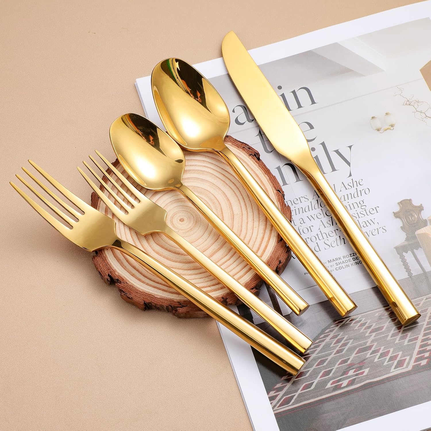 Mirror Silverware Set Gold Flatware Set with Hexagon Handle 20 Pieces 18/0 Stainless Steel Cutlery