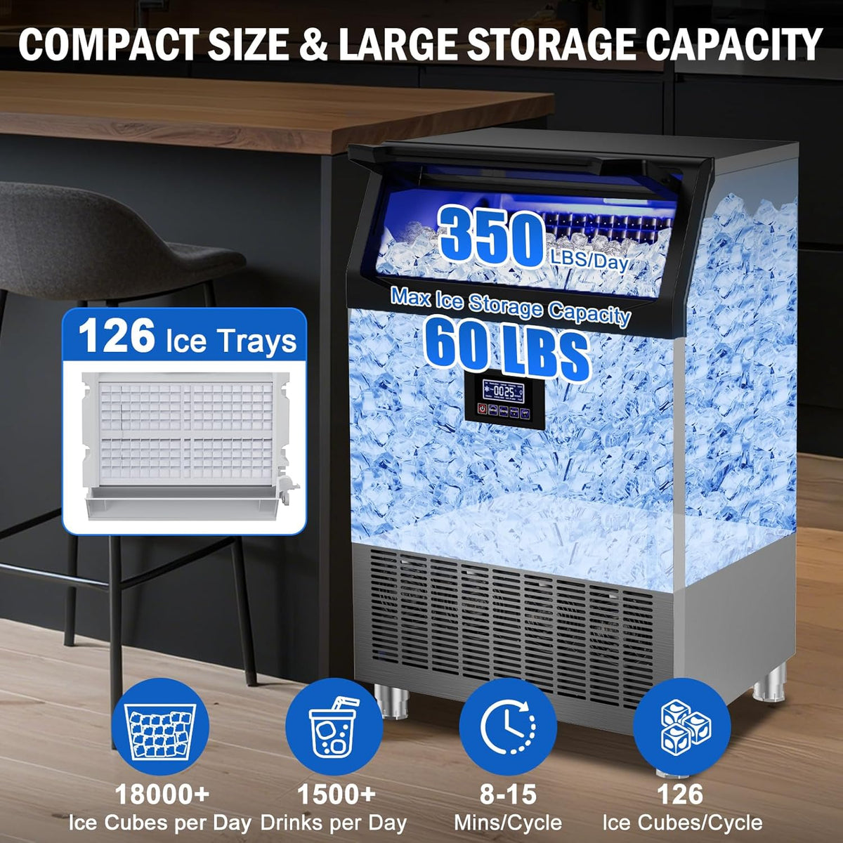 Commercial Ice Maker Machine 350 LBS/24H, 136 Ice Trays Freestanding & Undercounter Ice Machine