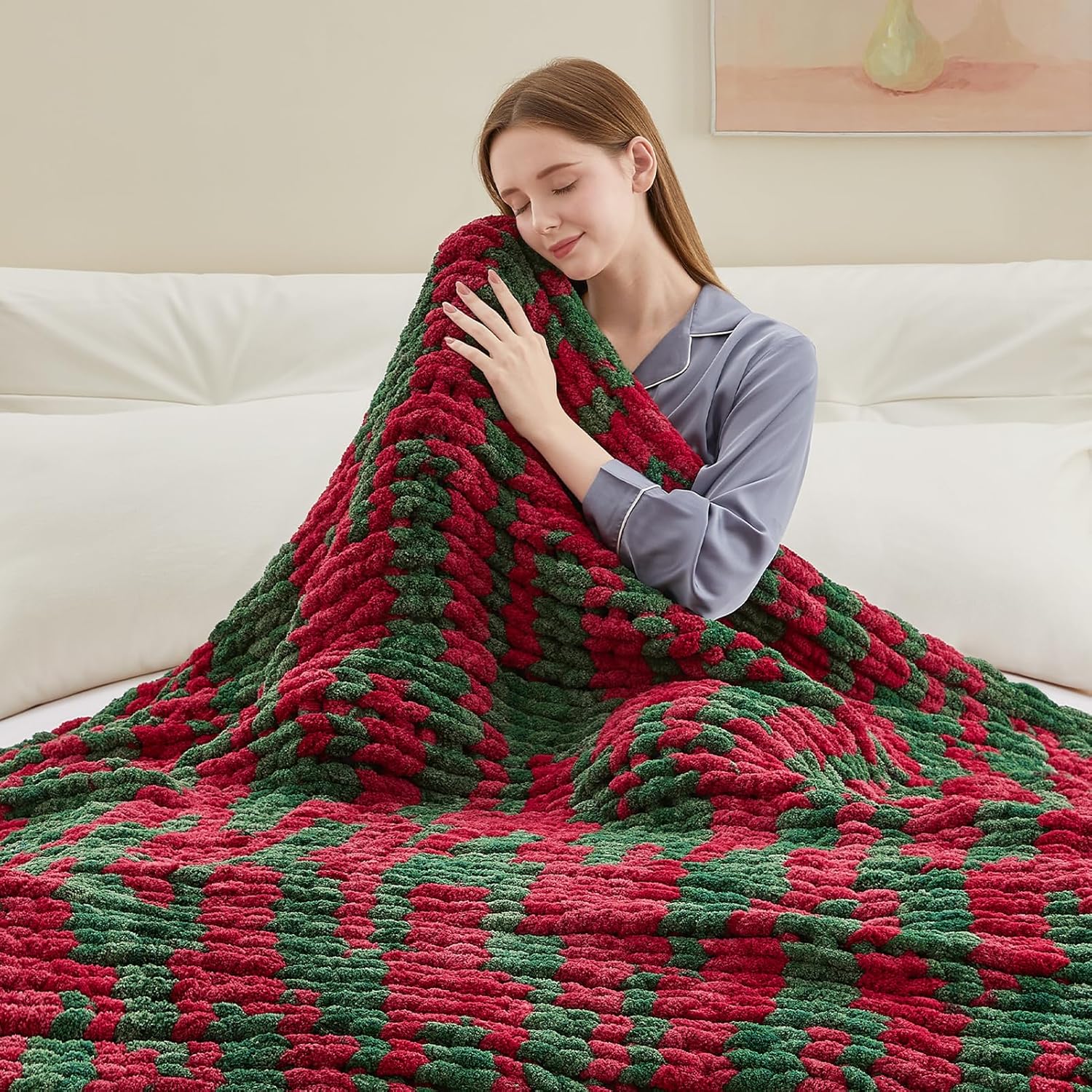 Chunky Knit Throw Blanket, 50''*60'' Knitted Throw Chenille Yarn for Bed Couch, Handmade Stripe