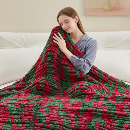 Chunky Knit Throw Blanket, 50''*60'' Knitted Throw Chenille Yarn for Bed Couch, Handmade Stripe