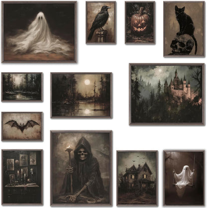 LANCHI95 12 Pcs Halloween Wall Art Prints, Vintage Witch Posters, Cute Ghost Pictures for Bedroom